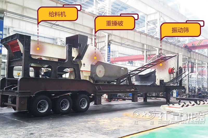 移動(dòng)重錘式破碎機(jī)，給料+破碎+篩分+傳輸，一機(jī)等于一條生產(chǎn)線